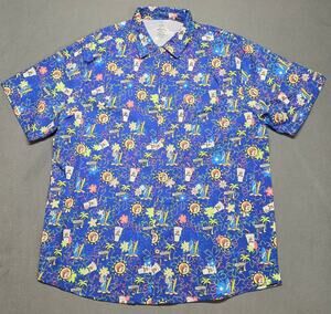Buc-ees Hawaiian Men’s Camp Shirt 3X Blue Beaver Palm Tree Soda Cup Surfboard
